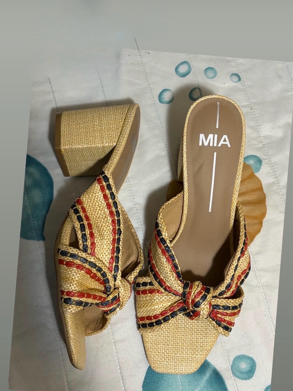 MIA Tan Woven Knot Block Heel Mules with Red & Navy Trim